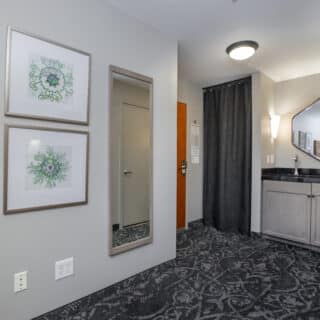 A modern hotel room entry area with two framed artworks, a wall mirror, patterned carpet, a curtained closet, and a vanity with a mirror and countertop.