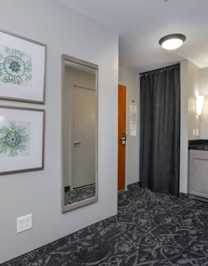 A modern hotel room entry area with two framed artworks, a wall mirror, patterned carpet, a curtained closet, and a vanity with a mirror and countertop.