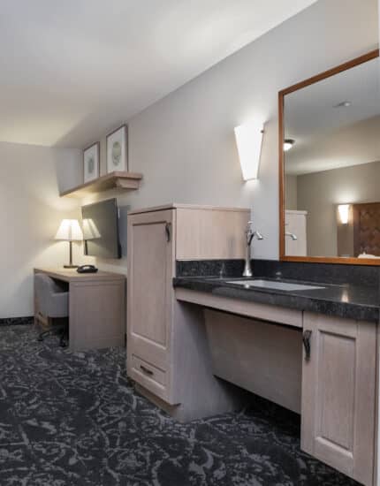 Accessible hotel room with wide entry, lowered sink, large mirror, workspace with lamp and TV, patterned carpet, and window with cityscape view.
