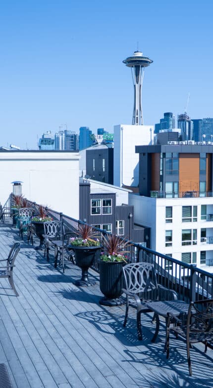 Rooftop patio with seating and potted plants overlooking modern buildings and the Seattle Space Needle against a clear blue sky.