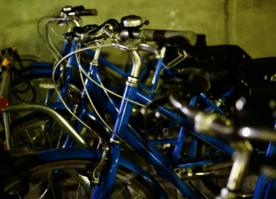 Several blue bicycles are parked closely together in a dimly lit indoor area.