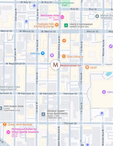 Map showing downtown Seattle with labeled streets, landmarks, businesses, and icons for restaurants and public facilities, centered on a location marked “M” on Mediterranean Ave.