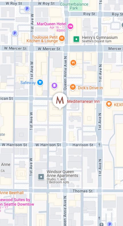 Map showing downtown Seattle with labeled streets, landmarks, businesses, and icons for restaurants and public facilities, centered on a location marked “M” on Mediterranean Ave.